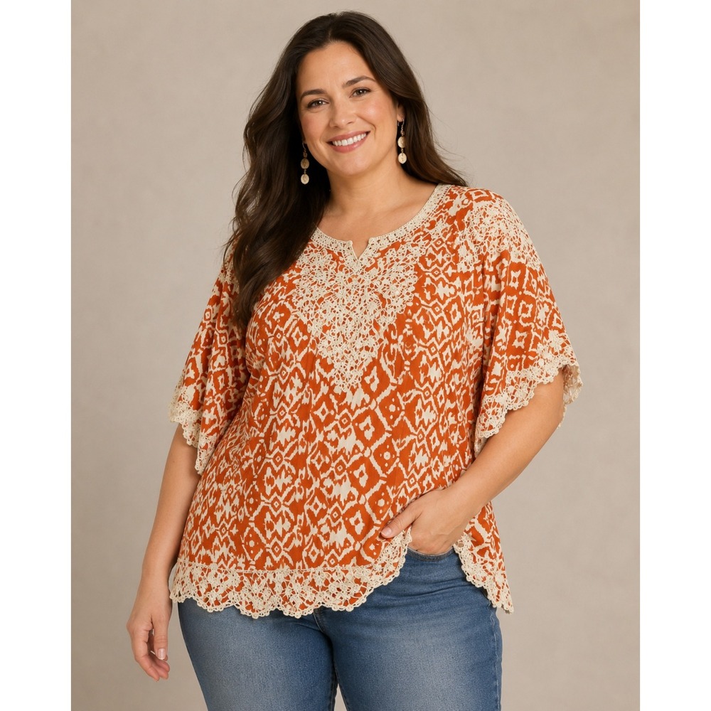 Anthropologie Solitaire Orange Embroidery Top sz L Whimsical Scalloped Fair Boho